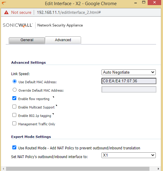 Advance Tab select Check Routed Mode